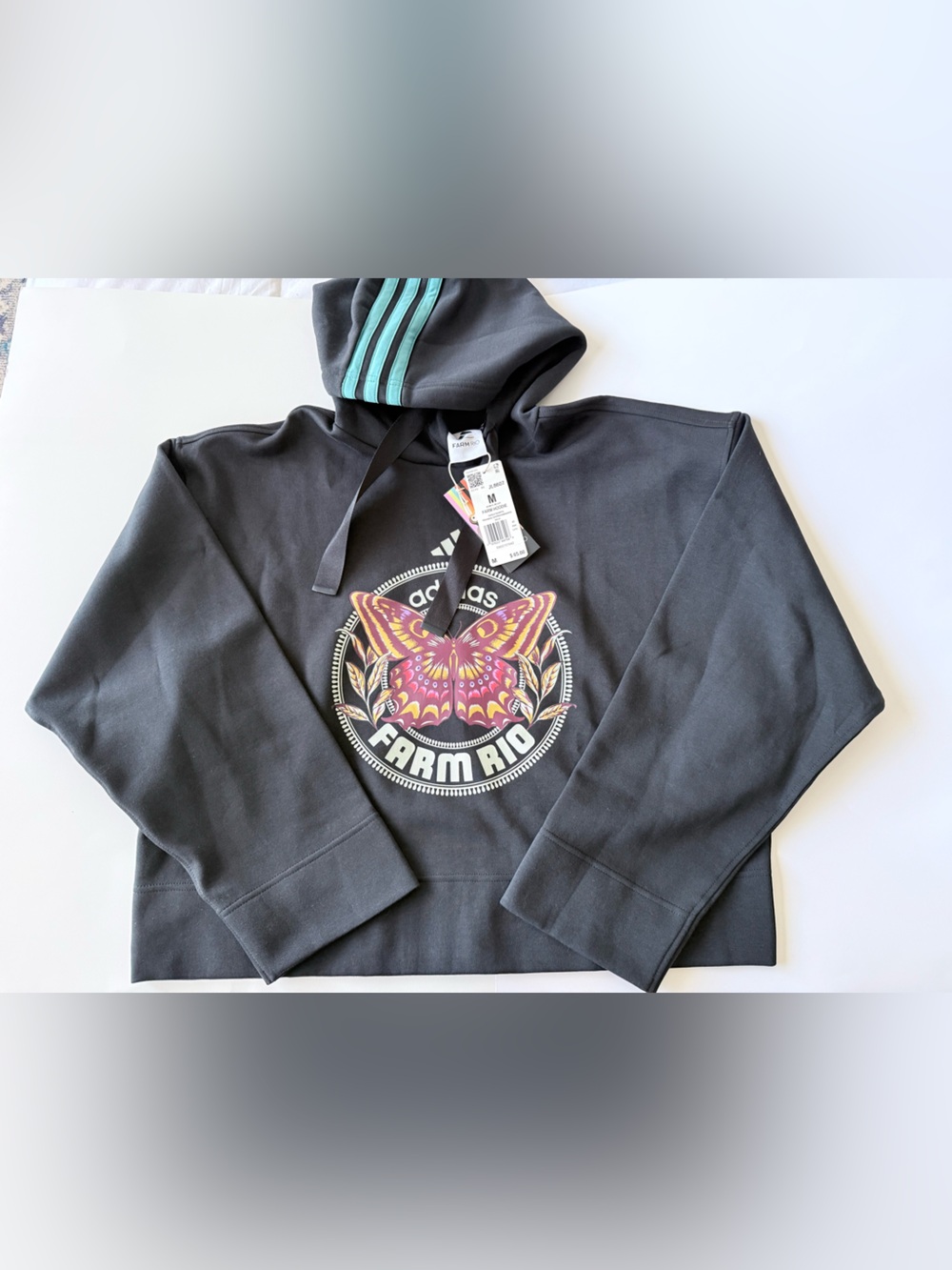 NEW Adidas x Farm Rio Butterfly Graphic Cropped Hoodie Black Teal SIZE M Women